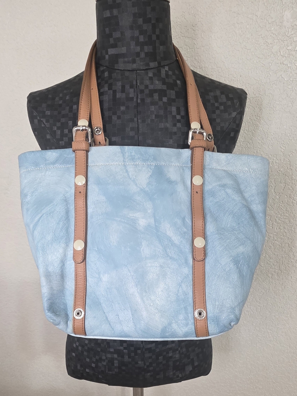 NICOLI Light Blue Tote with Tan Straps